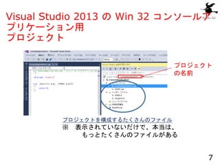 Visual Studio 2013 の Win 32 コンソールア
プリケーション用
プロジェクト
7
プロジェクト
の名前
プロジェクトを構成するたくさんのファイル
※ 表示されていないだけで、本当は、
もっとたくさんのファイルがある
 