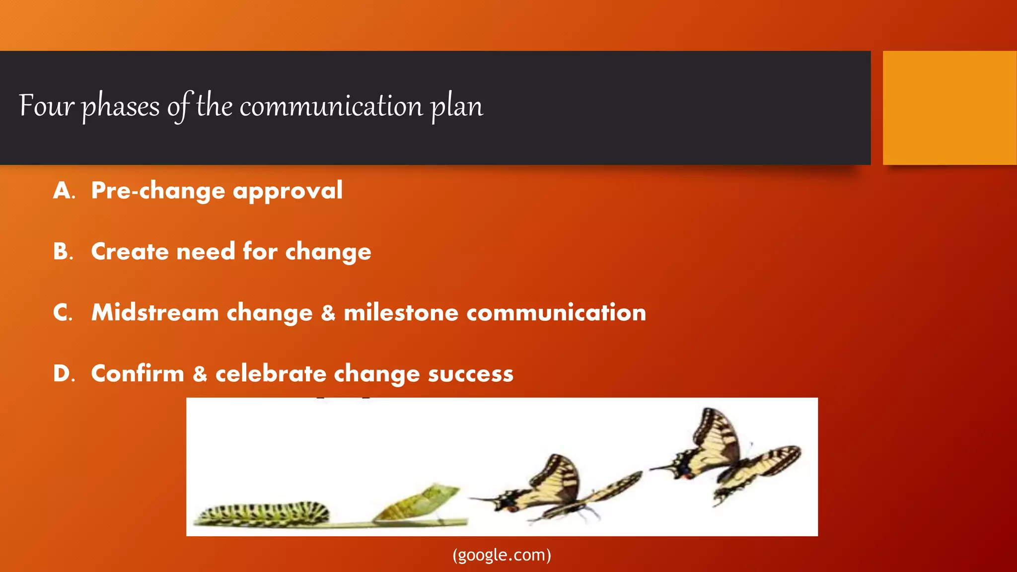 Four phases of the communication plan
A. Pre-change approval
B. Create need for change
C. Midstream change & milestone communication
D. Confirm & celebrate change success
(google.com)
 