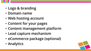 •  Logo & branding
•  Domain name
•  Web hosting account
•  Content for your pages
•  Content management platform
•  Lead capture mechanism
•  eCommerce package (optional)
•  Analytics
 