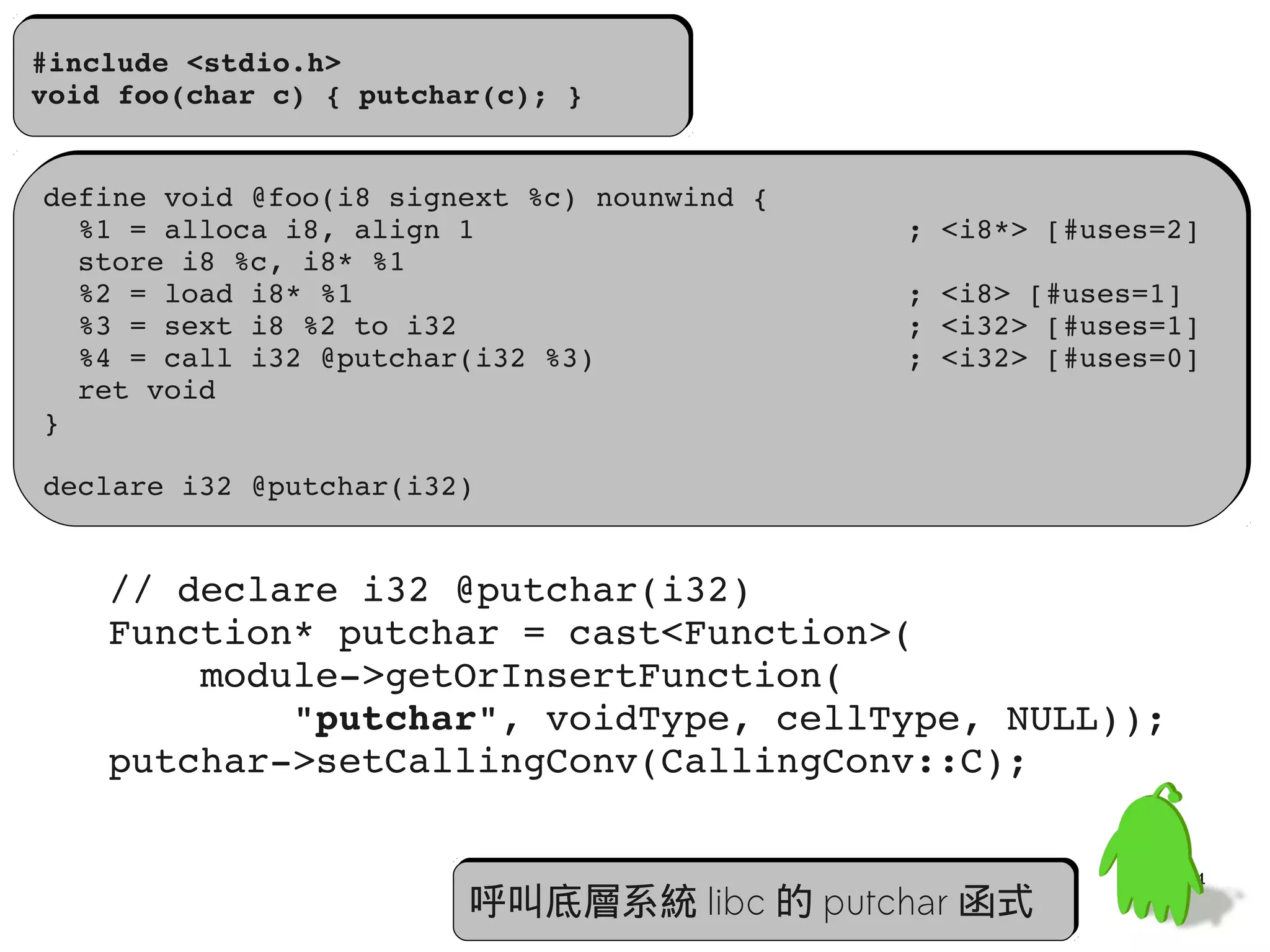 #include <stdio.h>
#include <stdio.h>
void foo(char c) { putchar(c); }
void foo(char c) { putchar(c); }


define void @foo(i8 signext %c) nounwind {
define void @foo(i8 signext %c) nounwind {
  %1 = alloca i8, align 1                         ; <i8*> [#uses=2]
  %1 = alloca i8, align 1                         ; <i8*> [#uses=2]
  store i8 %c, i8* %1
  store i8 %c, i8* %1
  %2 = load i8* %1                                ; <i8> [#uses=1]
  %2 = load i8* %1                                ; <i8> [#uses=1]
  %3 = sext i8 %2 to i32                          ; <i32> [#uses=1]
  %3 = sext i8 %2 to i32                          ; <i32> [#uses=1]
  %4 = call i32 @putchar(i32 %3)                  ; <i32> [#uses=0]
  %4 = call i32 @putchar(i32 %3)                  ; <i32> [#uses=0]
  ret void
  ret void
}
}

declare i32 @putchar(i32)
declare i32 @putchar(i32)


   // declare i32 @putchar(i32)
   Function* putchar = cast<Function>(
       module­>getOrInsertFunction(
           "putchar", voidType, cellType, NULL));
   putchar­>setCallingConv(CallingConv::C);


                                                                 54
                         呼叫底層系統 libc 的 putchar 函式
 