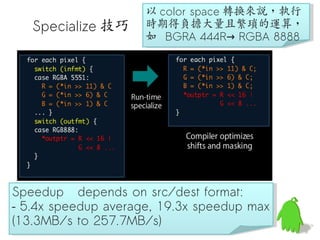 以 color space 轉換來說，執行
                     以 color space 轉換來說，執行
   Specialize 技巧     時期得負擔大量且繁瑣的運算，
                     時期得負擔大量且繁瑣的運算，
                     如 BGRA 444R→ RGBA 8888
                     如 BGRA 444R→ RGBA 8888




Speedup depends on src/dest format:
 Speedup depends on src/dest format:
–– 5.4x speedup average, 19.3x speedup max
   5.4x speedup average, 19.3x speedup max
(13.3MB/s to 257.7MB/s)
 (13.3MB/s to 257.7MB/s)
 