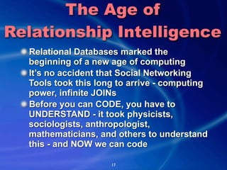 The Age of
Relationship Intelligence
  Relational Databases marked the
  beginning of a new age of computing
  It’s no acc...