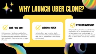 WHY LAUNCH UBER CLONE?
EARN FROM DAY 1
With developing a Taxi Booking App like Uber,
you start to earn money from day 1. Because the
App is integrated with user-friendly features and
quick accessibility of taxis will win over the hearts
of people.
CUSTOMER REACH
With Uber Clone App, you will be able to
reach customers out of your surroundings and
other cities to. This will result in more booking
and more profit.
RETURN OF INVESTMENT
Opting for a Ready-Made Solution will not empty
your pocket or let you break the bank. You pay
the bare minimum when you White-Label the
Apps and faster delivery, like 1-2 weeks. This will
keep you ahead of time and earn more with a 2X
speed.
 