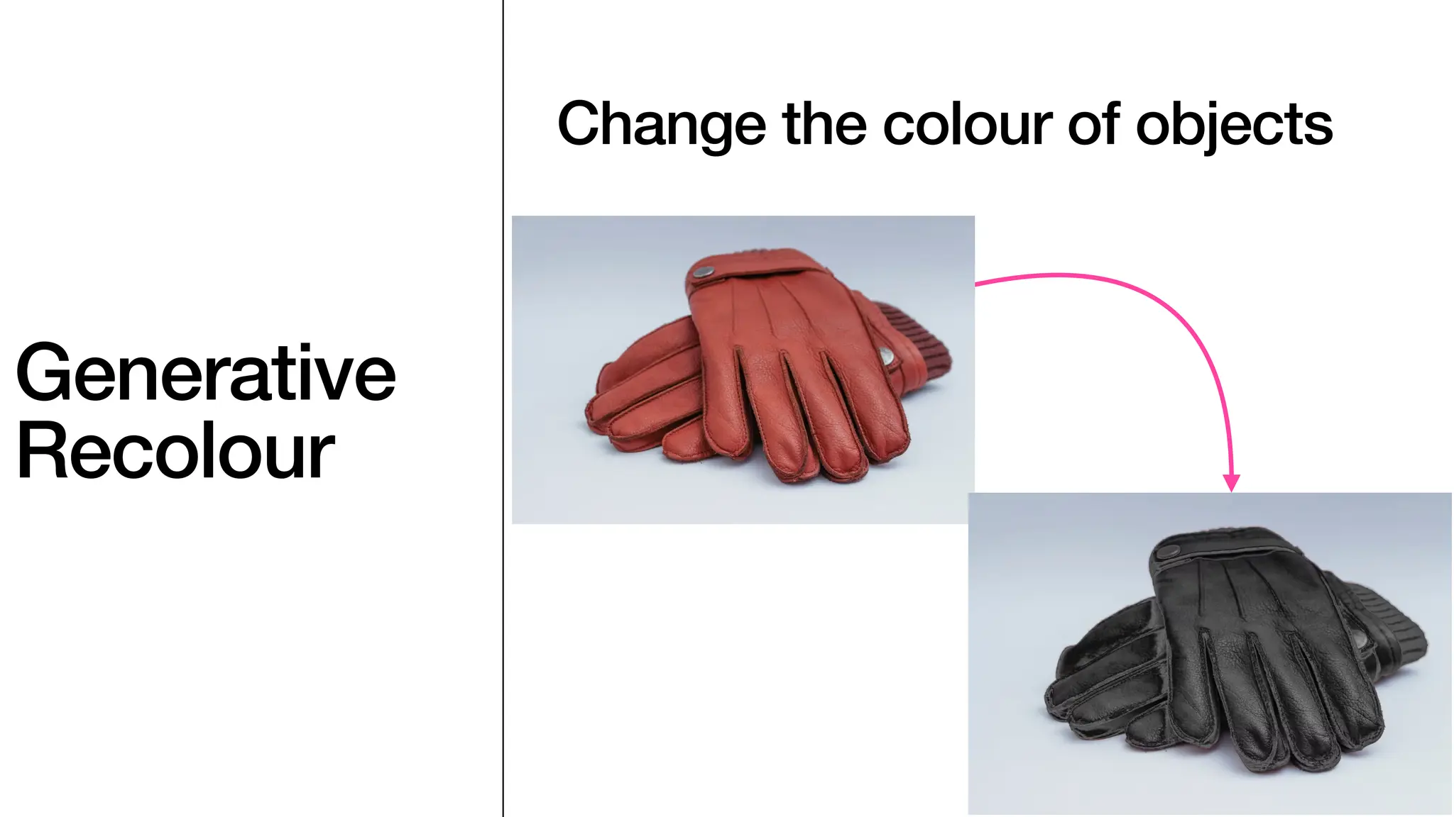 Generative
Recolour
Change the colour of objects
 