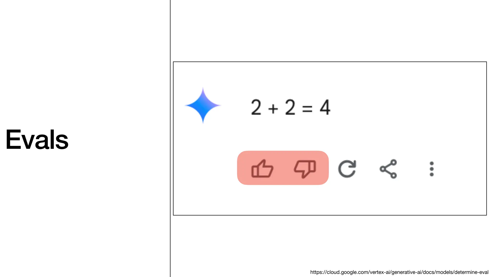 Evals
https://cloud.google.com/vertex-ai/generative-ai/docs/models/determine-eval
 
