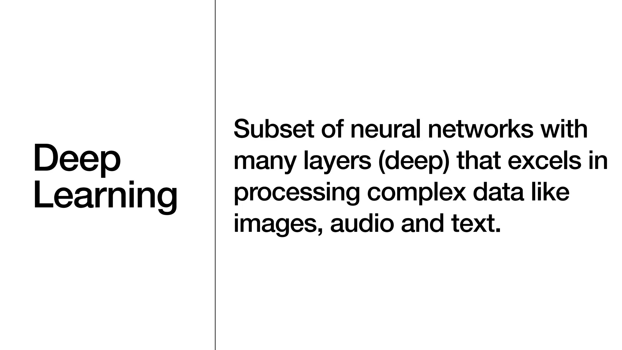 Deep
Learning
Subset of neural networks with
many layers (deep) that excels in
processing complex data like
images, audio and text.
 