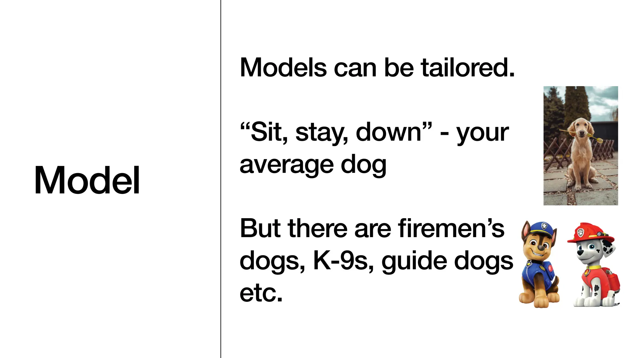 Model
Models can be tailored.
“Sit, stay, down” - your
average dog
But there are
fi
remen’s
dogs, K-9s, guide dogs
etc.
 