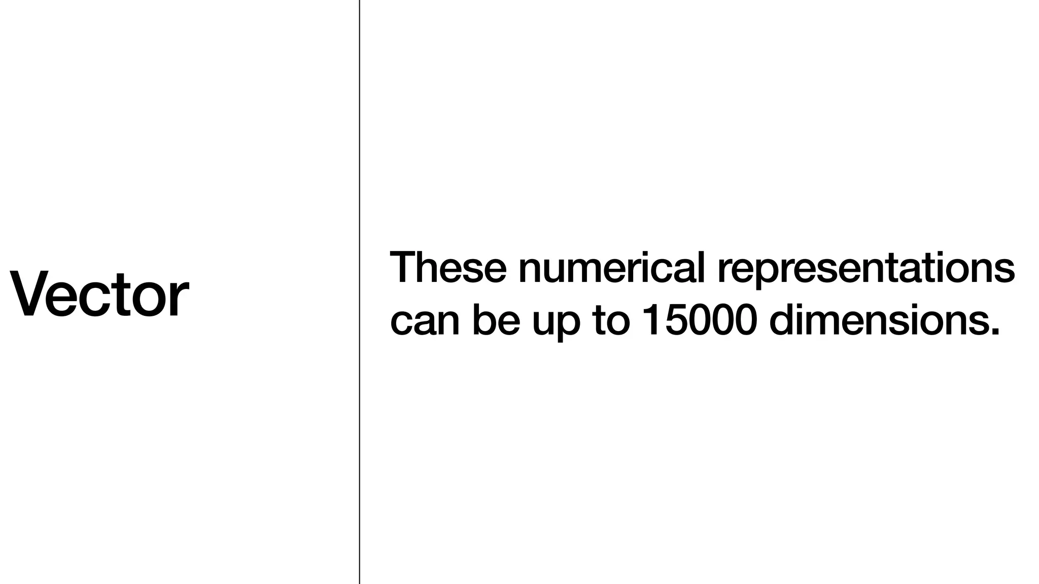 Vector
These numerical representations
can be up to 15000 dimensions.
 