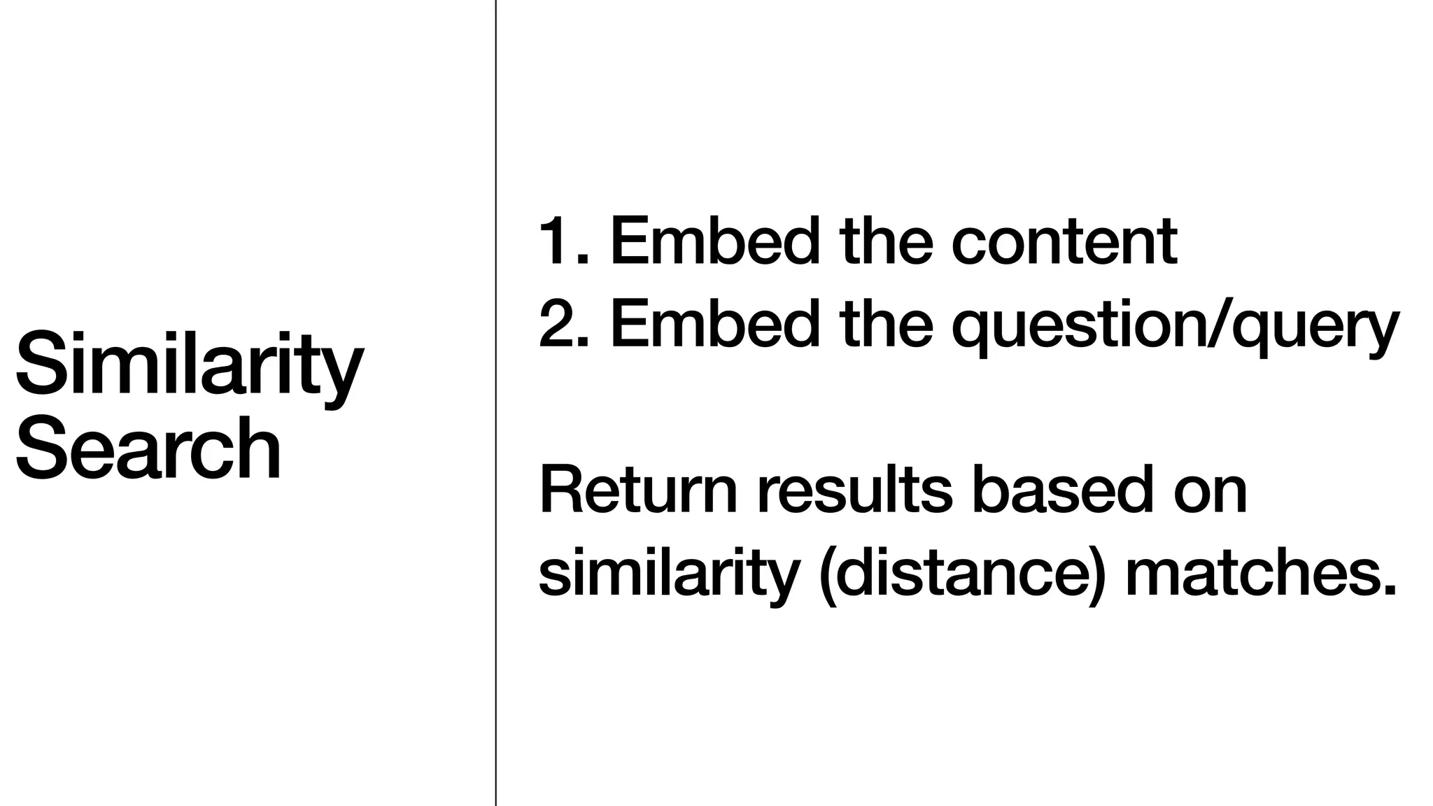 Similarity
Search
1. Embed the content
2. Embed the question/query
Return results based on
similarity (distance) matches.
 