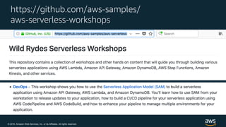 © 2018, Amazon Web Services, Inc. or its Affiliates. All rights reserved.
https://github.com/aws-samples/
aws-serverless-workshops
 