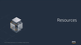 © 2018, Amazon Web Services, Inc. or its Affiliates. All rights reserved.
© 2018, Amazon Web Services, Inc. or its Affiliates. All rights reserved.
Resources
 