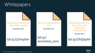 © 2018, Amazon Web Services, Inc. or its Affiliates. All rights reserved.
Whitepapers
Serverless Architectures
with AWS Lambda
November 2017
bit.ly/2zVvp0w
Optimizing Enterprise
Economics with
Serverless
Architectures
October 2017
bit.ly/2hQdy44
Serverless Applications
Lens
November 2017
bit.ly/
serverless_lens
 