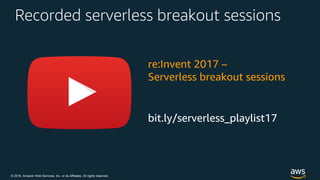 © 2018, Amazon Web Services, Inc. or its Affiliates. All rights reserved.
Recorded serverless breakout sessions
re:Invent 2017 –
Serverless breakout sessions
bit.ly/serverless_playlist17
 