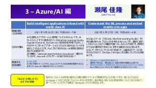 3 – Azure/AI 編
Build intelligent applications infused with
world-class AI
Understand the ML process and embed
models into apps
開催日時
（日本時間）
2021 年 5 月 26 日（水）午前 6:30 – 7:00 2021 年 5 月 27 日（木）午前 4:00 – 4:30
注目の理由
AI を活用したアプリケーション開発についてのセッションです。AI
サービスとしてすでに提供されている Machine Learning Studio、
Cognitive Services、Bot Service の技術的な考察ではなく、こ
れらのサービスを AI アプリケーションにどのように組み込んでいくかを
紹介してくれるようです。PoC だけで終わらない AI 開発に興味が
ある方にお勧めです。
また概要に "demonstrates the latest innovations" と書かれ
ているので、Azure AI のアップデートの紹介があるかも？
MLOps とツール（VSCode、Machine Learning Studio）利
用の観点から AI プロジェクトを考えるセッションです。最初に紹介
したセッションと比べて機械学習にフォーカスした内容です。開発だ
けではなく運用まで含めて AI を考える機会になると思います。
さらにデータサイエンティストまで含めたチーム編成までテーマに含
まれるようなので、DevOps と MLOps とを比較したい方にもお勧
めです。
関連する
技術資料
AI-900 対策
AI-900 対策のラーニングパス。Azure AI サービスの全体像を理解するには、
まずここで Azure AI の基本をマスターしてください。
✓ 責任ある AI の基本原則を確認する
運用まで考えると、責任ある AI の基本原則の理解は必須です。
✓ 責任ある対話型 AI を開発するための Microsoft のガイドラインを知る
Bot に特化した AI プロジェクトで理解するべきガイドラインです。
瀬尾 佳隆
[MVP for AI]
「Build の楽しみ方」
おすすめ情報
海外カンファレンスは時差の都合と仕事の都合でアーカイブ視聴をすることが多いですが、気になったものは
Backpack に入れて自分にプレッシャーをかけます(笑)。私の場合、夜になると英語が耳に入ってこなくなるので、
朝一にウォーミングアップを兼ねて Backpack のリストを消化します。
 
