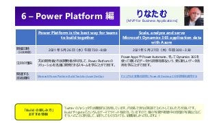 6 – Power Platform 編
Power Platform is the best way for teams
to build together
Scale, analyze and serve
Microsoft Dynamics 365 application data
with Azure
開催日時
（日本時間）
2021 年 5 月 26 日（水）午前 7:30 – 8:00 2021 年 5 月 27 日（木）午前 3:00 – 3:30
注目の理由
プロの開発者と市民開発者が共同して、Power Platform の
ソリューションを迅速に開発できるスキームを学ぶことができます。
Power Apps や Power Automate、そして Dynamics 365 を
使って得られたデータから洞察を得るという、更に新しいデータ活
用を学ぶことができます。
関連する
技術資料
Microsoft Power Platform Build Tools for Azure DevOps ビジュアルの変動の説明に Power BI Desktop に分析情報を適用する
りなたむ
[MVP for Business Applications]
「Build の楽しみ方」
おすすめ情報
Twitter のハッシュタグは積極的に活用しています。内容もできれば英語でコメントしておいた方が良いです。
Build や Ignite だといろんなテーマでツイートを紹介していますので、猫の写真や視聴中の部屋の写真などなど、
そういったことに参加して、紹介してもらうだけでも、結構楽しかったりしますよ！
 