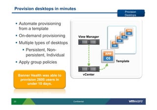 Provision desktops in minutes
                                                             Provision
                                                             Desktops


   Automate provisioning
    from a template
   On-demand provisioning              View Manager

   Multiple types of desktops
         Persistent, Non-
          persistent, Individual
   Apply group policies                                Template



     Banner Health was able to                vCenter
      provision 2600 users in
          under 10 days.




25                                 Confidential
 