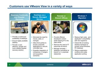 Customers use VMware View in a variety of ways


     Business Continuity             Desktops as a
                                                                            Remote or                    Windows 7
        and Disaster                Secure, Managed
                                                                          Branch Offices                 Migration
          Recovery                      Service




       Provide a continuous         Eliminate the need for           Provide offshore            Reduce high costs, and
        availability of desktops      moves, adds, or                   developers control           application compatibility
       Ensure highly available       changes                           while keeping IP in the      with OS migrations
        desktop                      Allow third parties to            data center                 Extend life of existing
       Provide a cost-               access corporate                 Remove the need of IT        desktop hardware to
        effective, simpler and        applications in secure,           resources at branch          access virtual Windows
        more reliable disaster        controlled way                   Manage remotely –            PC desktops
        recovery solution.           Expedite integration of           desktops centralized at     Reduce application
                                      companies in mergers              branch or in corporate       conflicts and costly
                                      and acquisition                   datacenter                   application porting
                                      scenarios




32                                                         Confidential
 