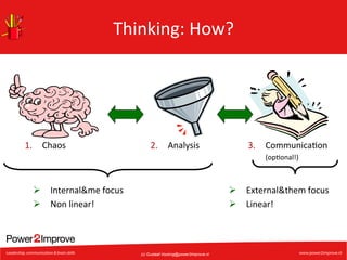 Thinking:	
  How?	
  

1.  Chaos	
  

2.  Analysis	
  
	
  

Ø  Internal&me	
  focus	
  
Ø  Non	
  linear!	
  

3.  Communica7on	
  
	
  (op7onal!)	
  

Ø  External&them	
  focus	
  
Ø  Linear!	
  

(c) Gustaaf.Vocking@power2improve.nl

 