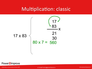 Mul7plica7on:	
  classic	
  
17
83
17 x 83

21
30
80 x 7 = 560

(c) Gustaaf.Vocking@power2improve.nl

x

 