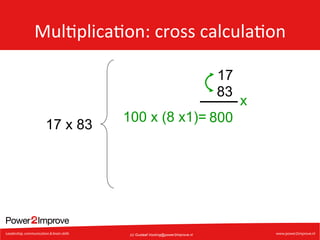 Mul7plica7on:	
  cross	
  calcula7on	
  
17
83
17 x 83

100 x (8 x1)= 800

(c) Gustaaf.Vocking@power2improve.nl

x

 