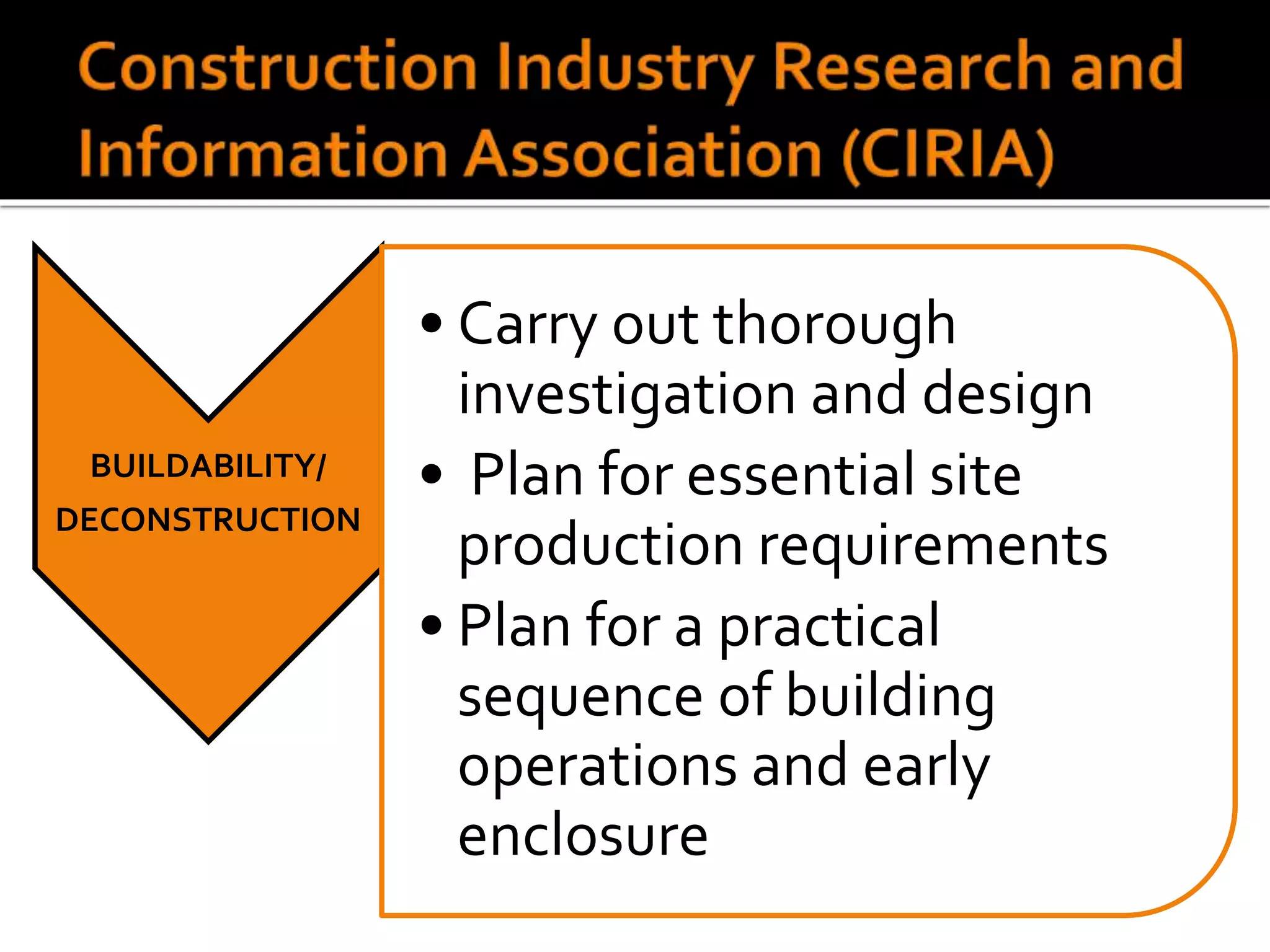 BUILDABILITY/
DECONSTRUCTION
• Carry out thorough
investigation and design
• Plan for essential site
production requirements
• Plan for a practical
sequence of building
operations and early
enclosure
 