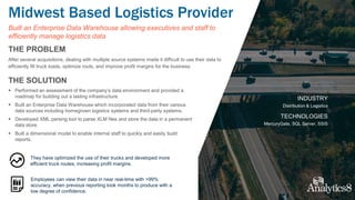 Midwest Based Logistics Provider
INDUSTRY
Distribution & Logistics
TECHNOLOGIES
MercuryGate, SQL Server, SSIS
Built an Enterprise Data Warehouse allowing executives and staff to
efficiently manage logistics data
THE PROBLEM
After several acquisitions, dealing with multiple source systems made it difficult to use their data to
efficiently fill truck loads, optimize routs, and improve profit margins for the business.
THE SOLUTION
 Performed an assessment of the company’s data environment and provided a
roadmap for building out a lasting infrastructure.
 Built an Enterprise Data Warehouse which incorporated data from their various
data sources including homegrown logistics systems and third-party systems.
 Developed XML parsing tool to parse XLM files and store the data in a permanent
data store.
 Built a dimensional model to enable internal staff to quickly and easily build
reports.
Employees can view their data in near real-time with >99%
accuracy, when previous reporting took months to produce with a
low degree of confidence.
They have optimized the use of their trucks and developed more
efficient truck routes, increasing profit margins.
 