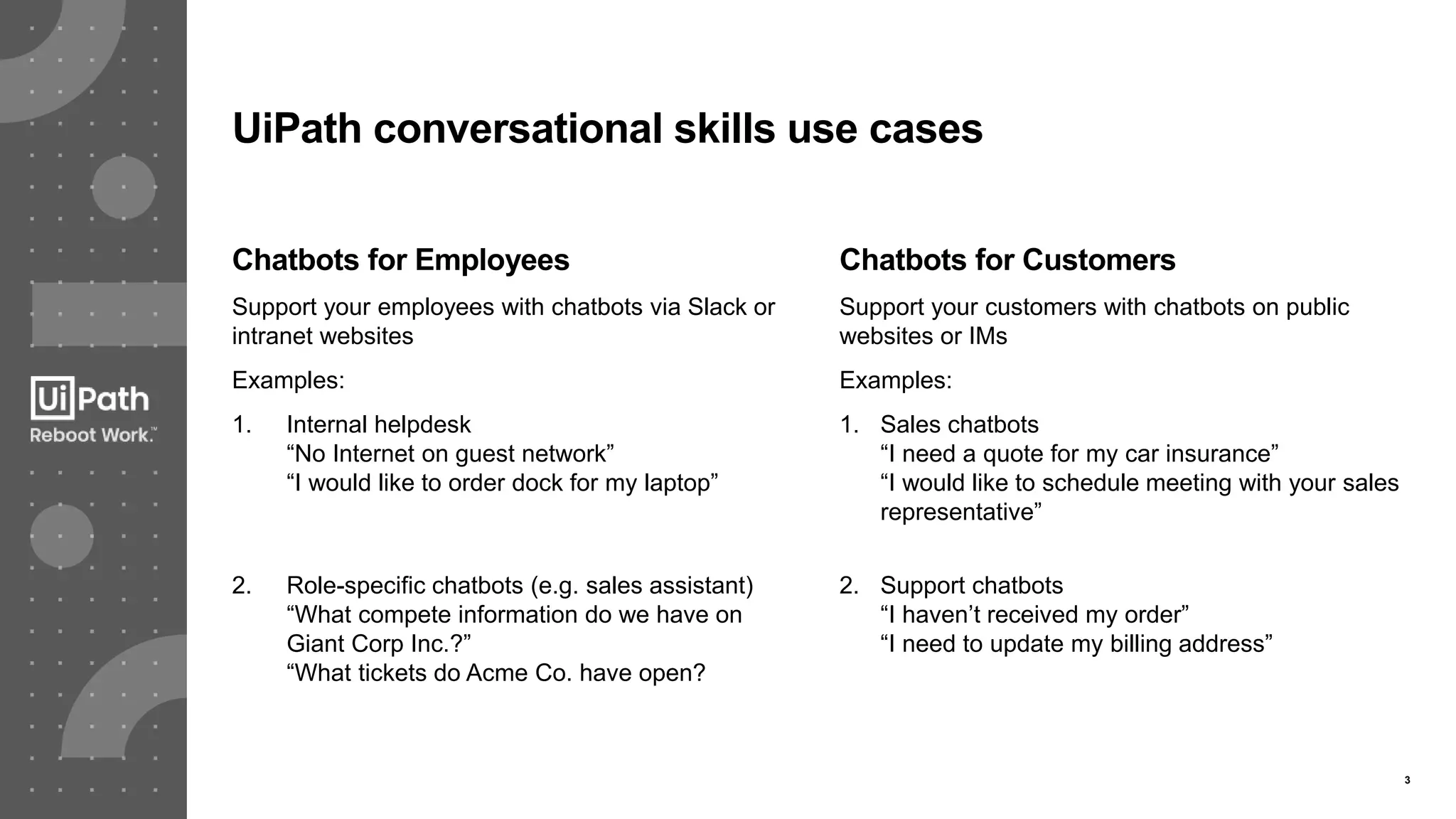 3
Chatbots for Employees
UiPath conversational skills use cases
Support your employees with chatbots via Slack or
intranet websites
Examples:
1. Internal helpdesk
“No Internet on guest network”
“I would like to order dock for my laptop”
2. Role-specific chatbots (e.g. sales assistant)
“What compete information do we have on
Giant Corp Inc.?”
“What tickets do Acme Co. have open?
Chatbots for Customers
Support your customers with chatbots on public
websites or IMs
Examples:
1. Sales chatbots
“I need a quote for my car insurance”
“I would like to schedule meeting with your sales
representative”
2. Support chatbots
“I haven’t received my order”
“I need to update my billing address”
 