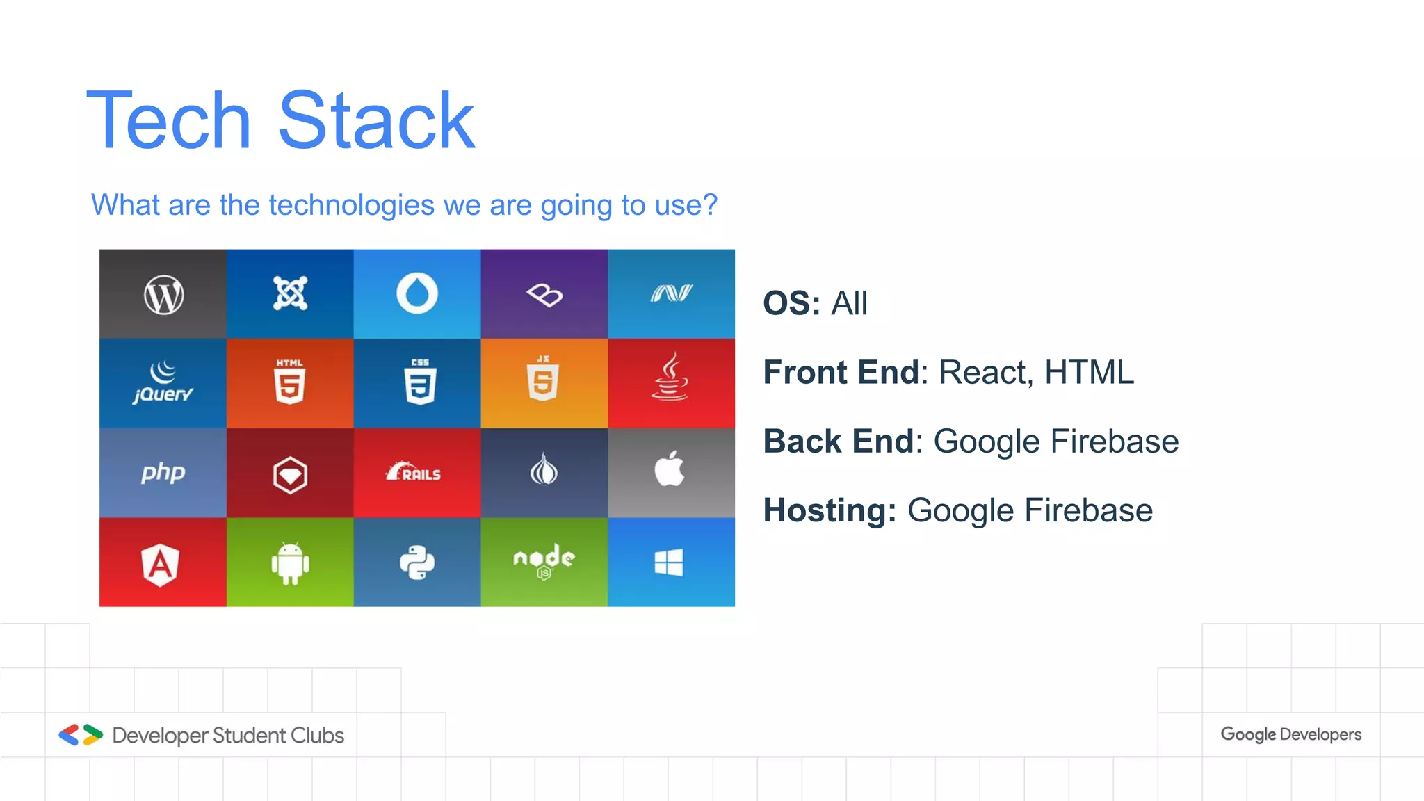 Tech Stack
What are the technologies we are going to use?
OS: All
Front End: React, HTML
Back End: Google Firebase
Hosting: Google Firebase
 