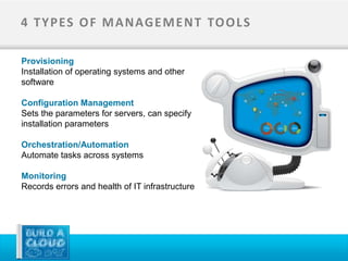 4 T Y P ES O F M A N AG E M E N T TO O L S

Provisioning
Installation of operating systems and other
software

Configuration Management
Sets the parameters for servers, can specify
installation parameters

Orchestration/Automation
Automate tasks across systems

Monitoring
Records errors and health of IT infrastructure
 