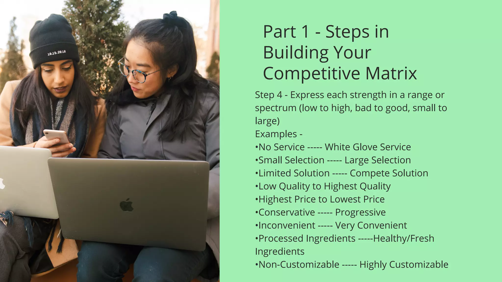 Part 1 - Steps in
Building Your
Competitive Matrix
Step 4 - Express each strength in a range or
spectrum (low to high, bad to good, small to
large)
Examples -
•No Service ----- White Glove Service
•Small Selection ----- Large Selection
•Limited Solution ----- Compete Solution
•Low Quality to Highest Quality
•Highest Price to Lowest Price
•Conservative ----- Progressive
•Inconvenient ----- Very Convenient
•Processed Ingredients -----Healthy/Fresh
Ingredients
•Non-Customizable ----- Highly Customizable
 