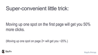 @spyfu @mrspy
Super-convenient little trick:
Moving up one spot on the first page will get you 50%
more clicks.
(Moving up one spot on page 2+ will get you ~20%.)
 