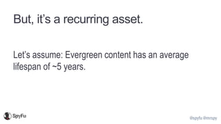 @spyfu @mrspy
But, it’s a recurring asset.
Let’s assume: Evergreen content has an average
lifespan of ~5 years.
 