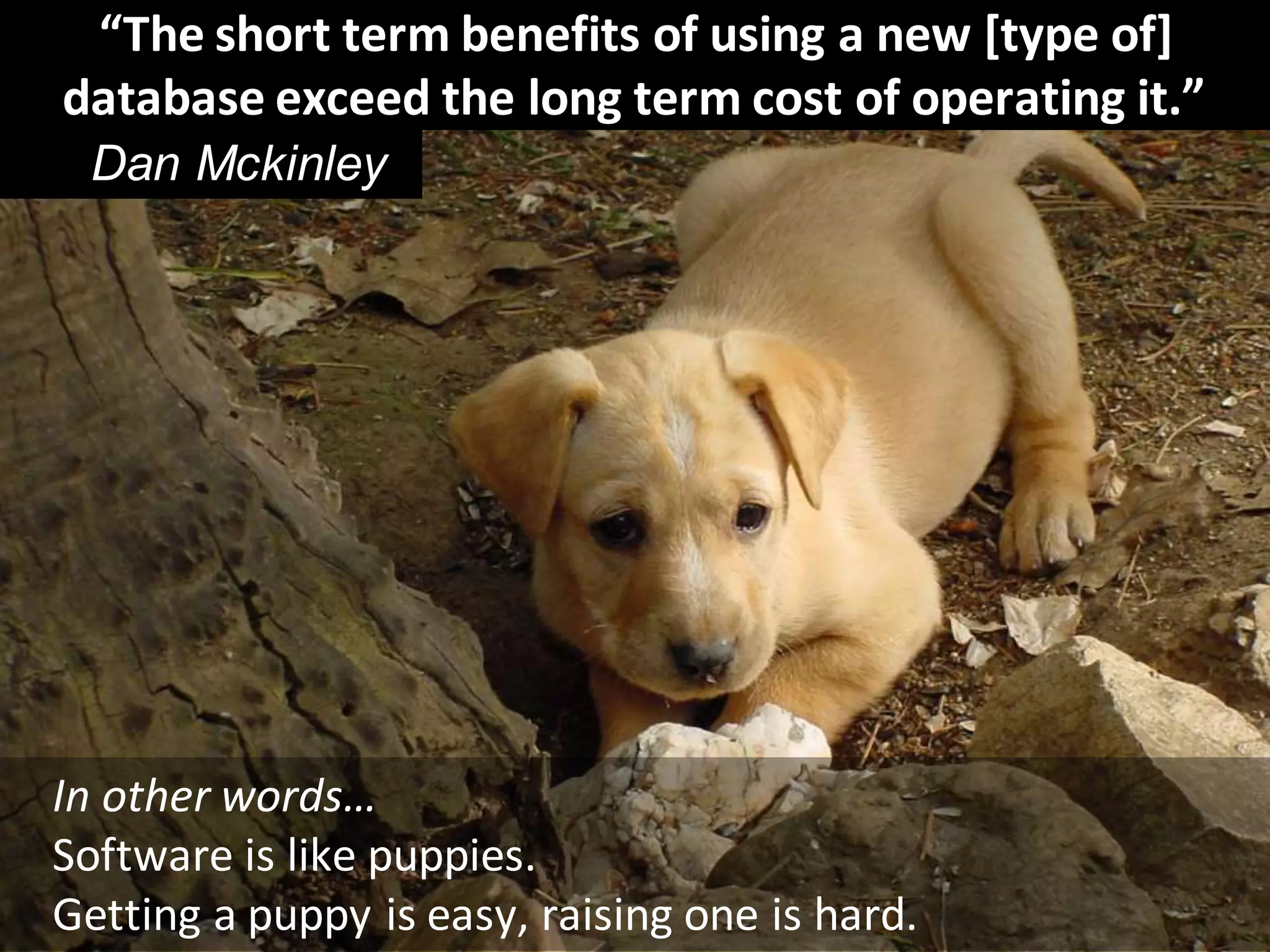 Copyright Third Nature, Inc.
In other words…
Software is like puppies.
Getting a puppy is easy, raising one is hard.
“The short term benefits of using a new [type of]
database exceed the long term cost of operating it.”
Dan Mckinley
 
