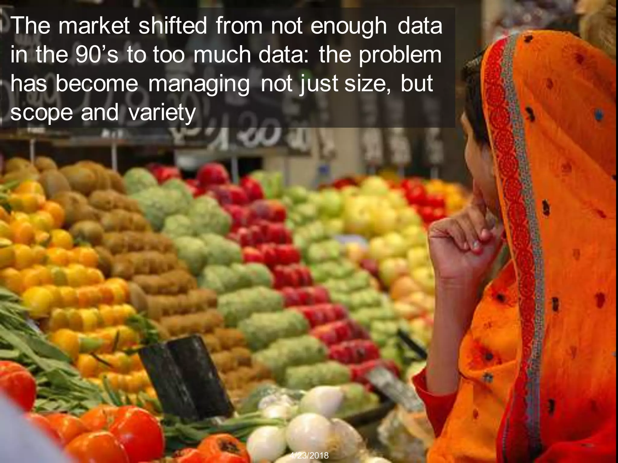 CopyrightThird Nature,Inc. 4/23/2018
The market shifted from not enough data
in the 90’s to too much data: the problem
has become managing not just size, but
scope and variety
 