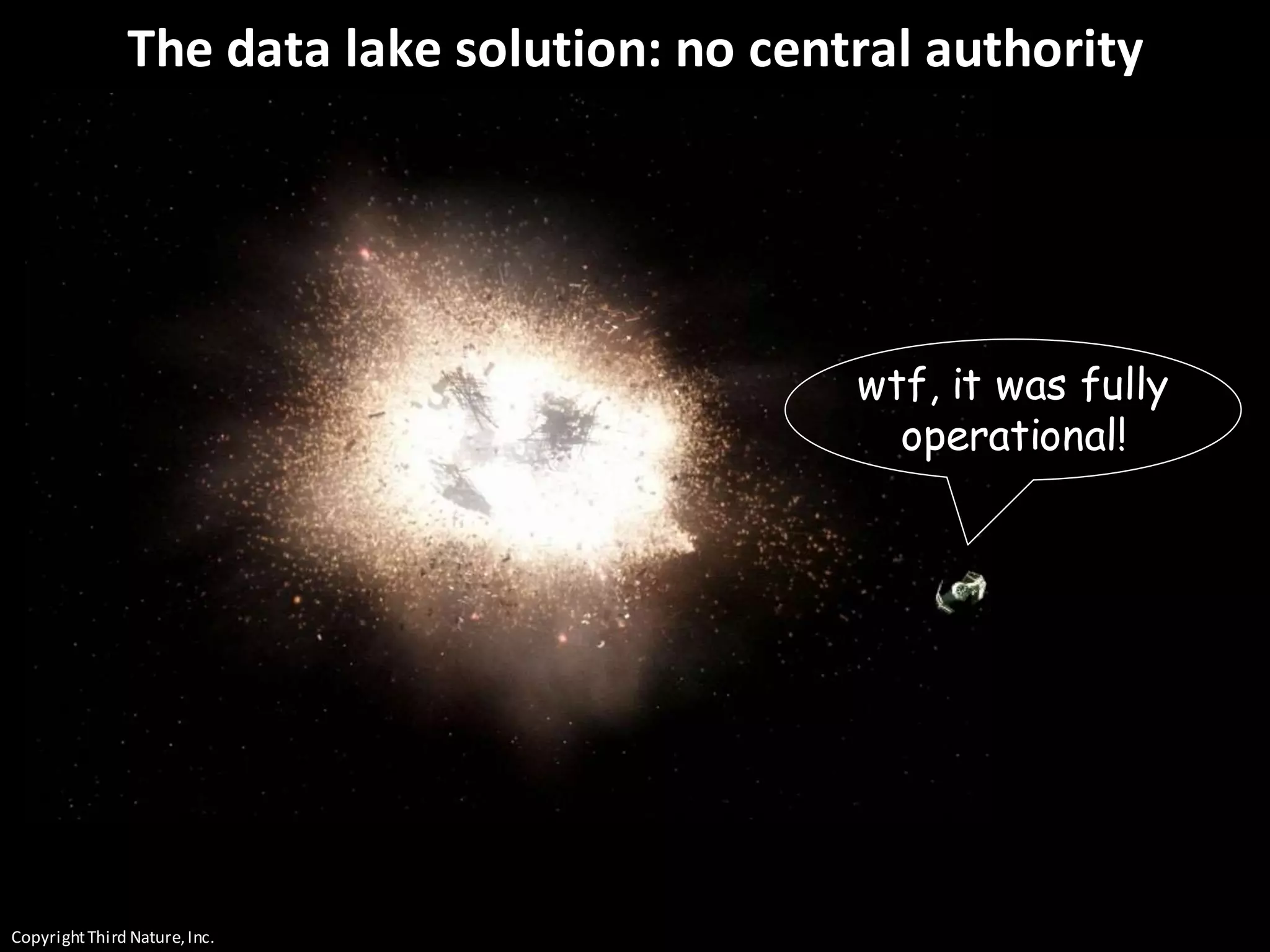 CopyrightThird Nature,Inc.
The data lake solution: no central authority
wtf, it was fully
operational!
 