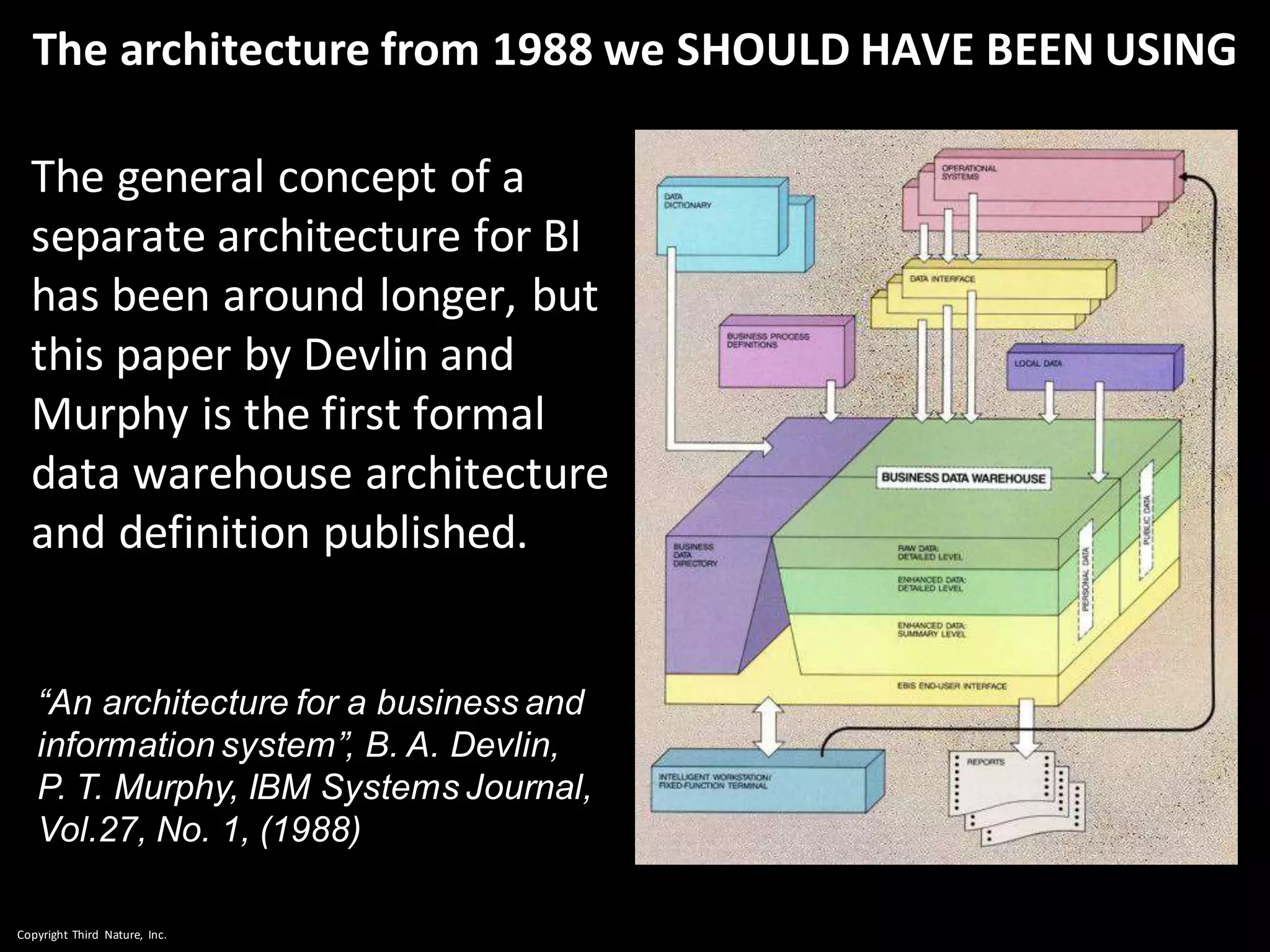 Copyright Third Nature, Inc.
The architecture from 1988 we SHOULD HAVE BEEN USING
The general concept of a
separate architecture for BI
has been around longer, but
this paper by Devlin and
Murphy is the first formal
data warehouse architecture
and definition published.
95
“An architecture for a business and
information system”, B. A. Devlin,
P. T. Murphy, IBM Systems Journal,
Vol.27, No. 1, (1988)
Slide 95Copyright Third Nature, Inc.
 