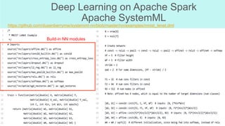 Deep Learning on Apache Spark
Apache SystemML
https://github.com/dusenberrymw/systemml-nn/blob/master/nn/examples/mnist_lenet.dml 	
Build-in NN modules	
 
