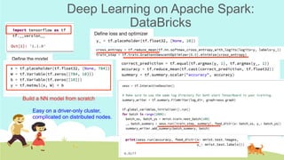 Deep Learning on Apache Spark:
DataBricks
Build a NN model from scratch	
Easy on a driver-only cluster,
complicated on distributed nodes. 	
 
