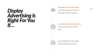 Display
Advertising Is
Right ForYou
If…
21
your goal is to increase overall
awareness & get your ads seen
by a large number of people.
you want your target audience to
see your ads as they surf the
web.
you’re looking for more people
like your exis#ng customers.
 
