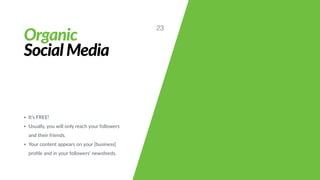 Organic
Social Media
• It’s FREE!
• Usually, you will only reach your followers
and their friends.
• Your content appears on your [business]
proﬁle and in your followers’ newsfeeds.
23
 