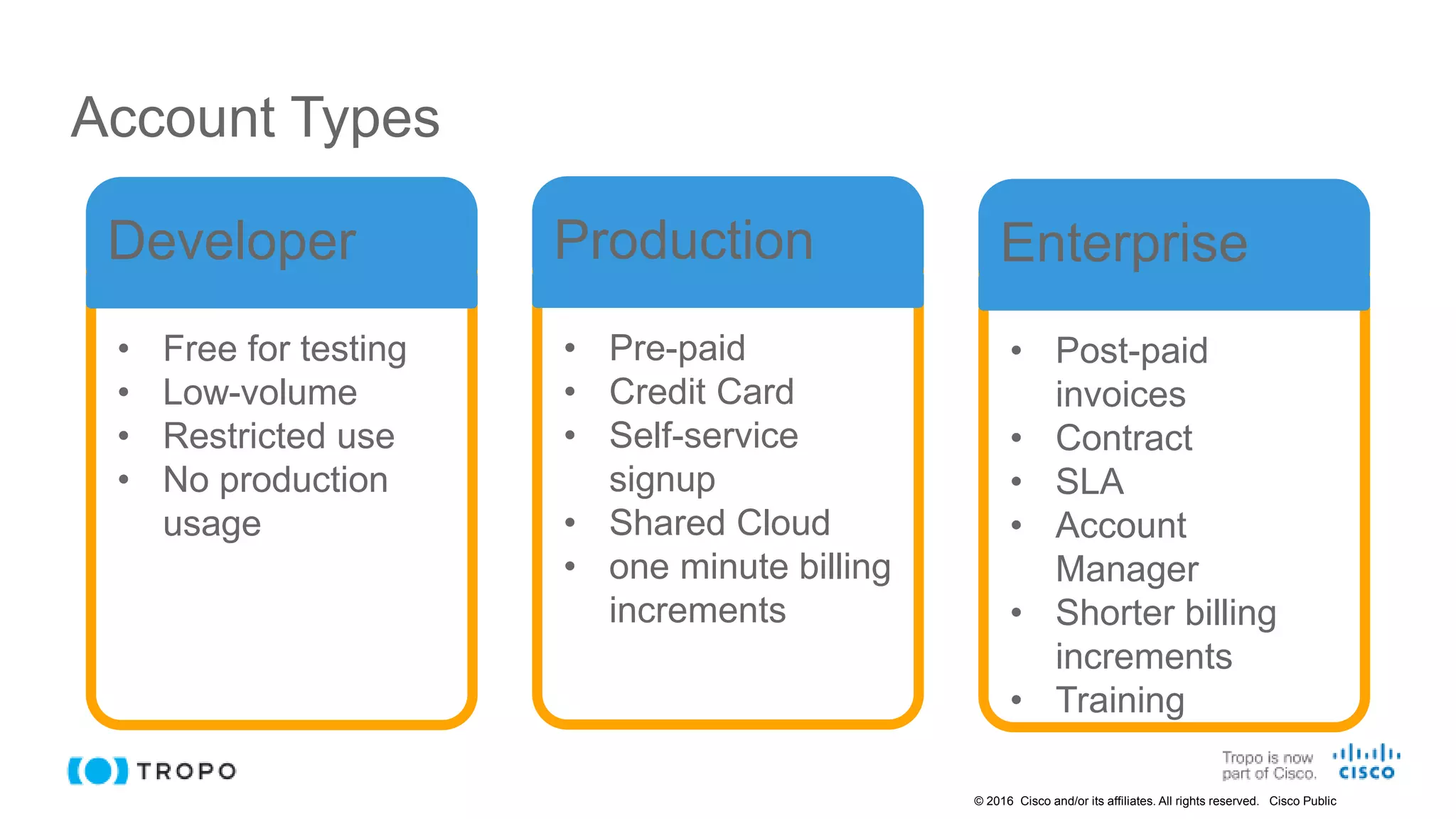© 2016 Cisco and/or its affiliates. All rights reserved. Cisco Public
Account Types
• Free for testing
• Low-volume
• Restricted use
• No production
usage
Developer
• Pre-paid
• Credit Card
• Self-service
signup
• Shared Cloud
• one minute billing
increments
Production
• Post-paid
invoices
• Contract
• SLA
• Account
Manager
• Shorter billing
increments
• Training
Enterprise
 