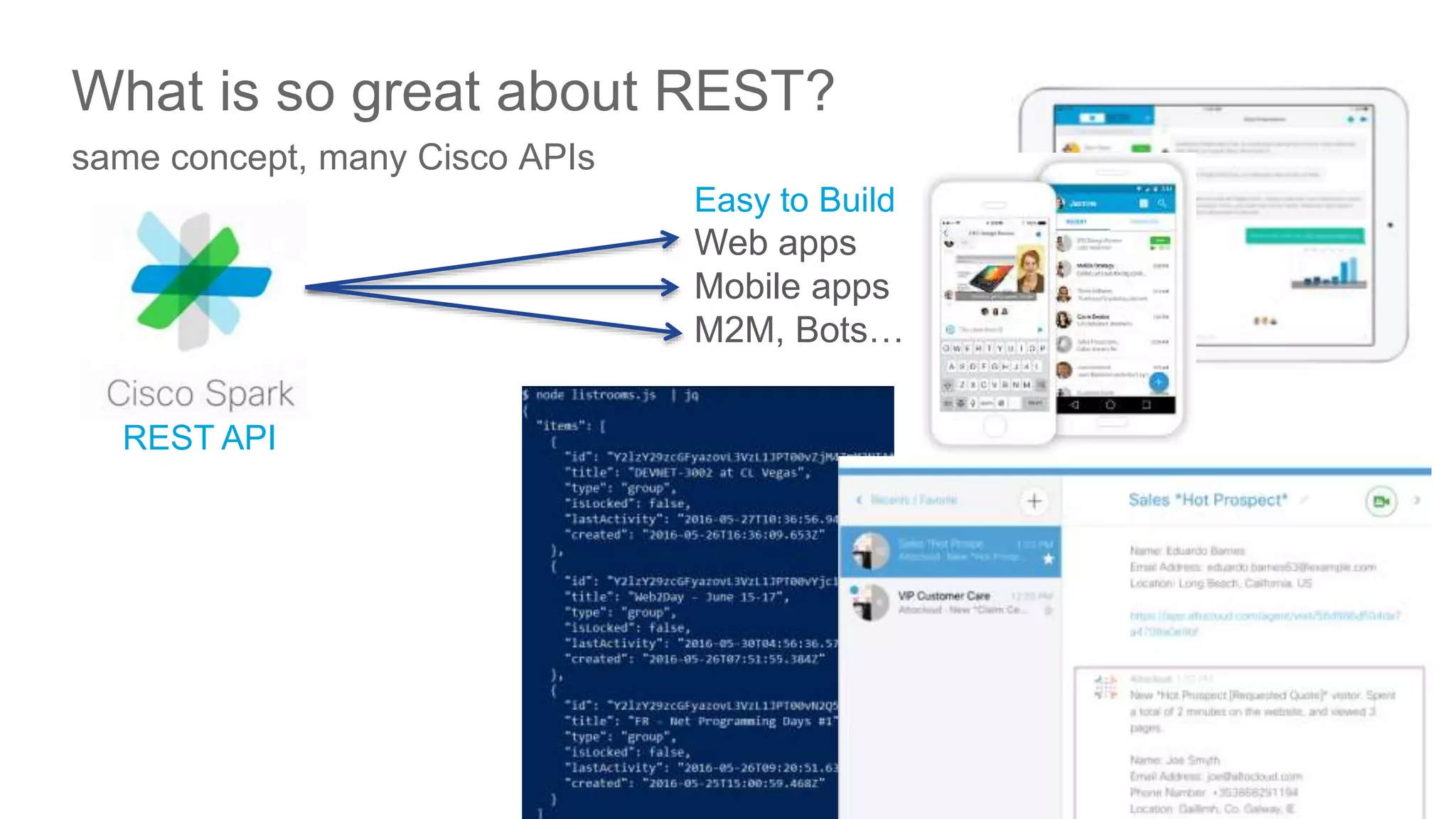 © 2016 Cisco and/or its affiliates. All rights reserved. Cisco Public
What is so great about REST?
same concept, many Cisco APIs
Easy to Build
Web apps
Mobile apps
M2M, Bots…
REST API
31
 