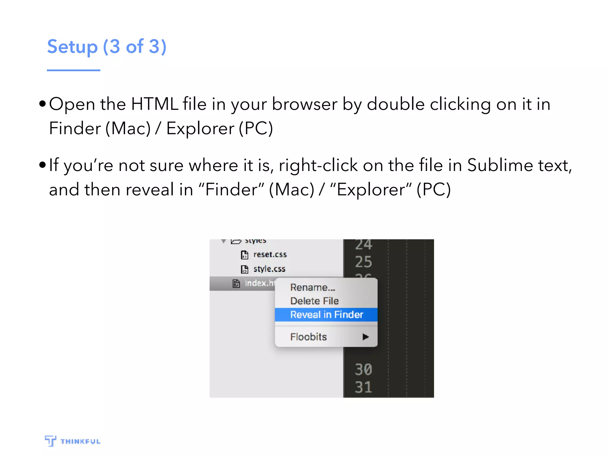 Setup (3 of 3) •Open the HTML ﬁle in your browser by double clicking on it in Finder (Mac) / Explorer (PC) •If you’re not sure where it is, right-click on the ﬁle in Sublime text, and then reveal in “Finder” (Mac) / “Explorer” (PC) 