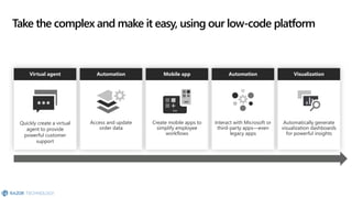 Take the complex and make it easy, using our low-code platform
Access and update
order data
Automation
Create mobile apps to
simplify employee
workflows
Mobile app
Interact with Microsoft or
third-party apps—even
legacy apps
Automation
Automatically generate
visualization dashboards
for powerful insights
Visualization
Quickly create a virtual
agent to provide
powerful customer
support
Virtual agent
 