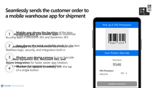 Pick up 6 CPU Processors for Order
ORD-01017-H8D17
Keyboard Router
CPU
Processor
Printers
LCD Monitor 2-1 Tablets Tablets Laptops
15” CHD
Monitor
Network
Cables
Mouse Mouse Pads
Solid State HDs External HCs
Video Cards Graphic Cards
Order Desk
Seamlessly sends the customer order to
a mobile warehouse app for shipment
Jumpstart apps using an extensible data model with
business logic, security, and integration built in
Effortless Dynamics 365, Microsoft 365, and
Azure integration for faster, easier app creation,
along with powerful integration capabilities
Build standalone web and mobile apps or customize
existing apps in Microsoft 365 and Dynamics 365
Mobile app shows the location of the item
in the warehouse1
App shows the total available stock for the item2
Worker uses device camera to scan barcode3
Worker can update inventory with the tap
of a single button
4 Total Stock
9546
Total Stock
9546
Take Photo
Photo Library
Browse
Cancel
Total Stock
9546
CPU Processors
65832354
Update Inventory
NO: 1
Total Stock
9546
CPU Processors
65833254
Update Inventory
NO: 6
 