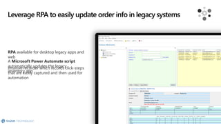 Leverage RPA to easily update order info in legacy systems
RPA available for desktop legacy apps and
web
Intuitive recorder which records click-steps
that are easily captured and then used for
automation
A Microsoft Power Automate script
automatically updates the legacy
inventory app
 