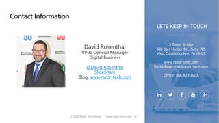 Contact Information
© 2020 Razor Technology www.razor-tech.com
David Rosenthal
VP & General Manager
Digital Business
@DavidJRosenthal
SlideShare
Blog: www.razor-tech.com
5 Tower Bridge
300 Barr Harbor Dr., Suite 705
West Conshohocken, PA 19428
www.razor-tech.com
David.Rosenthal@razor-tech.com
Office: 866.RZR.DATA
LETS KEEP IN TOUCH
26
 
