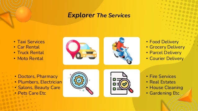 Explorer The Services
• Food Delivery
• Grocery Delivery
• Parcel Delivery
• Courier Delivery
• Fire Services
• Real Estates
• House Cleaning
• Gardening Etc
• Taxi Services
• Car Rental
• Truck Rental
• Moto Rental
• Doctors, Pharmacy
• Plumbers, Electrician
• Salons, Beauty Care
• Pets Care Etc
 