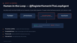 S AF E T Y & C O N T R O L
Human-in-the-Loop — @RegisterHumanInTheLoopAgent
Any vehicle worth more than $15,000 must be reviewed by a human before disposition. The agent method itself pauses execution until a decision is made.
PricingAgent
value > $15,000
DispositionProposal
Agent — creates SCRAP/SELL/etc.
HumanApprovalAgent
@HumanInTheLoop — blocks on Future.get()
Human Reviewer
Approve / Reject in UI
Approved → execute SCRAP/SELL/DONATE. Rejected → fall back to
Maintenance/Cleaning.
Two-phase workflow — propose, then review, then execute.
CompletableFuture bridges the paused agent and the REST approval endpoint.
Timeout-safe defaults to REJECTED if no decision arrives in time.
Full audit trail of who approved what, when, and why.
16
LangChain4j-CDI Agentic
 