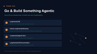 T H AN K Y O U
Go & Build Something Agentic
Same CDI you already know. A whole new class of applications.
LangChain4j-CDI
github.com/langchain4j/langchain4j-cdi
Liberty LangChain4j Workshop
github.com/OpenLiberty/liberty-workshop-langchain4j
LangChain4j-CDI Documentation
langchain4j.github.io/langchain4j-cdi/
Built on the OpenLiberty “Miles of Smiles” case study — no Quarkus LangChain4j content used.
LangChain4j Agents Docs
docs.langchain4j.dev/tutorials/agents
 